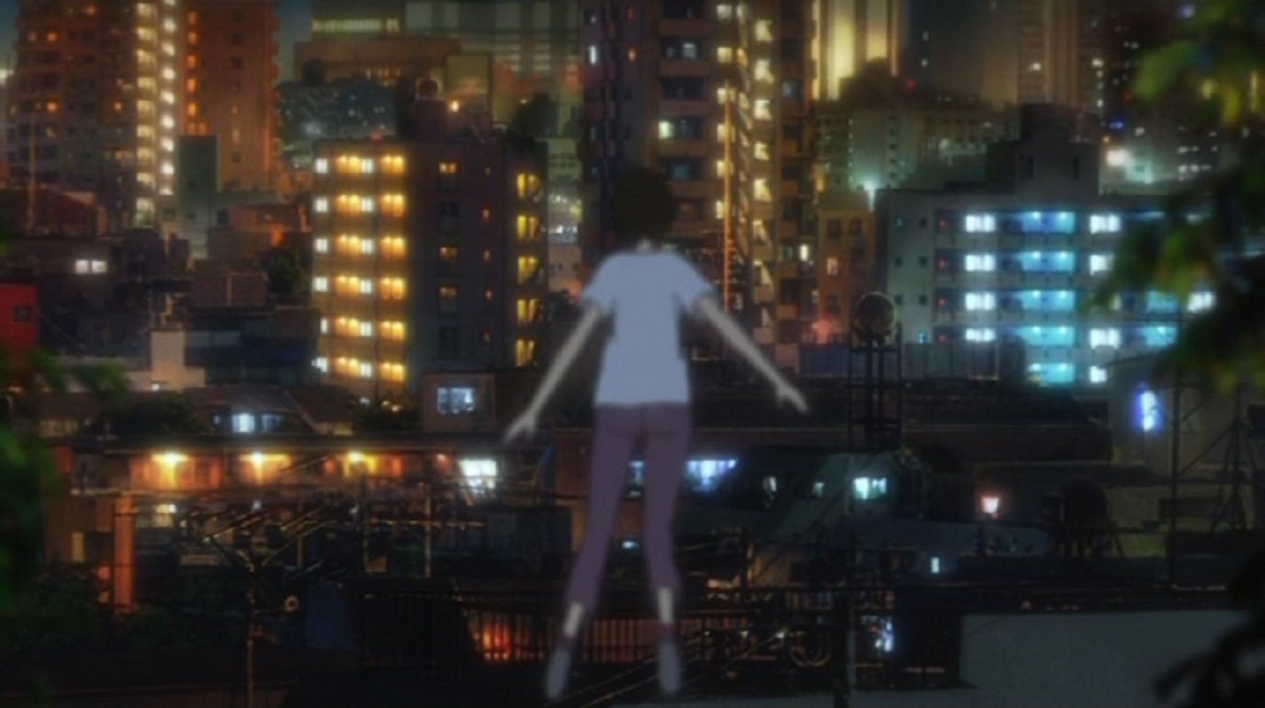 Makoto Konno from The Girl Who Leapt Through Time floats above a rooftop railing at night, city lights glowing behind her.