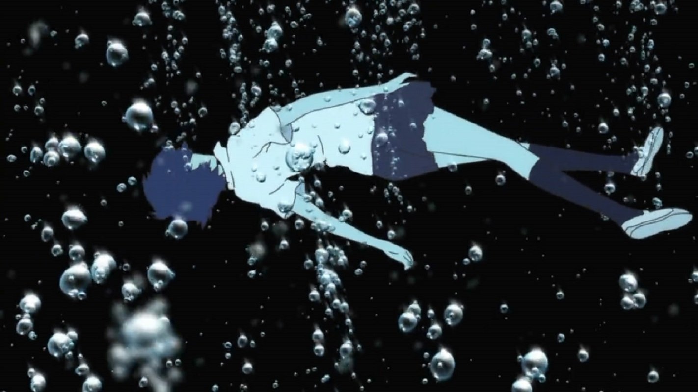 Makoto Konno from the anime The Girl Who Leapt Through Time is shown floating underwater surrounded by rising bubbles against a dark background.