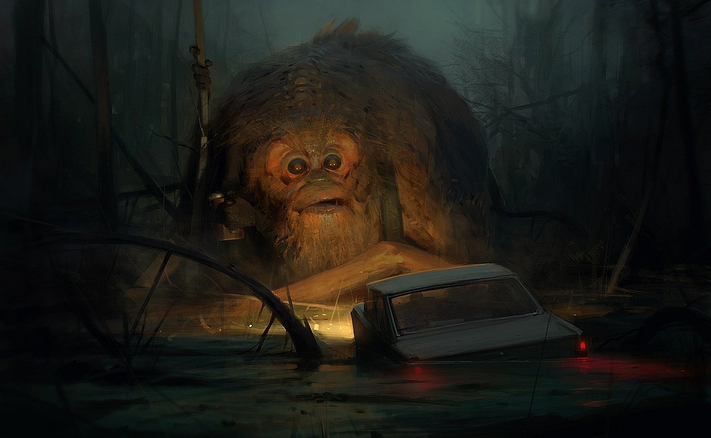 A giant fantasy creature with shaggy fur and wide eyes looms over a partly submerged car, its face lit in a dark, misty swamp.