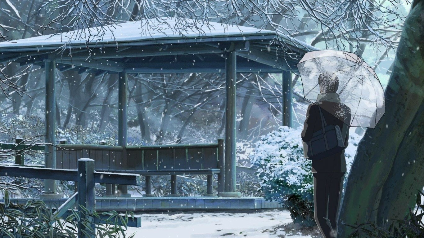 A serene snowy scene from the anime The Garden of Words, featuring a figure with an umbrella standing near a gazebo, surrounded by a tranquil, winter landscape.