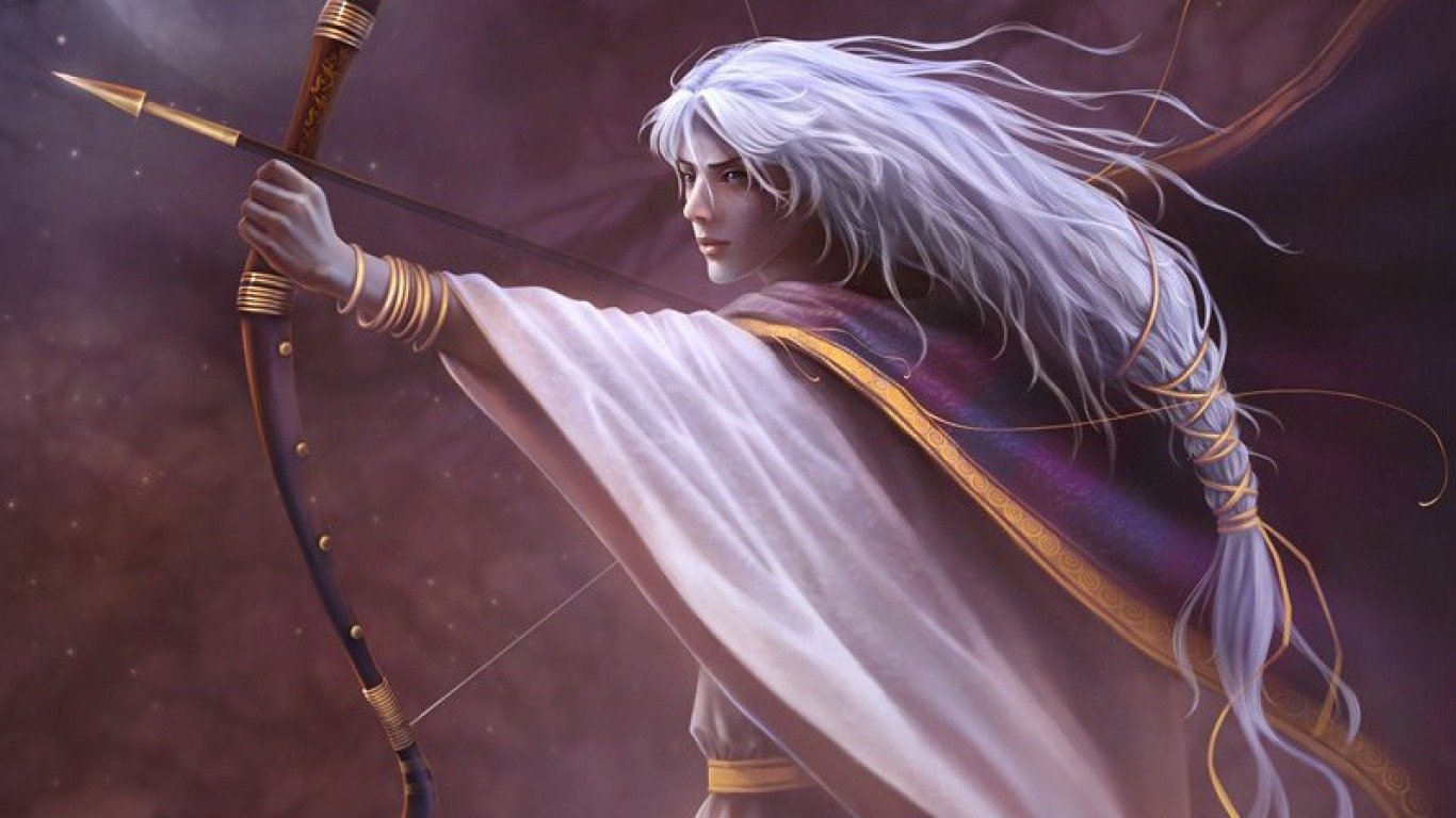 A fantasy elf archer with long white hair draws a bow, poised to release an arrow against a dramatic, smoky background.