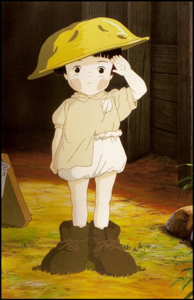 Setsuko Yokokawa from Grave of the Fireflies — a small anime girl wearing an oversized military helmet and boots, saluting with a solemn expression.