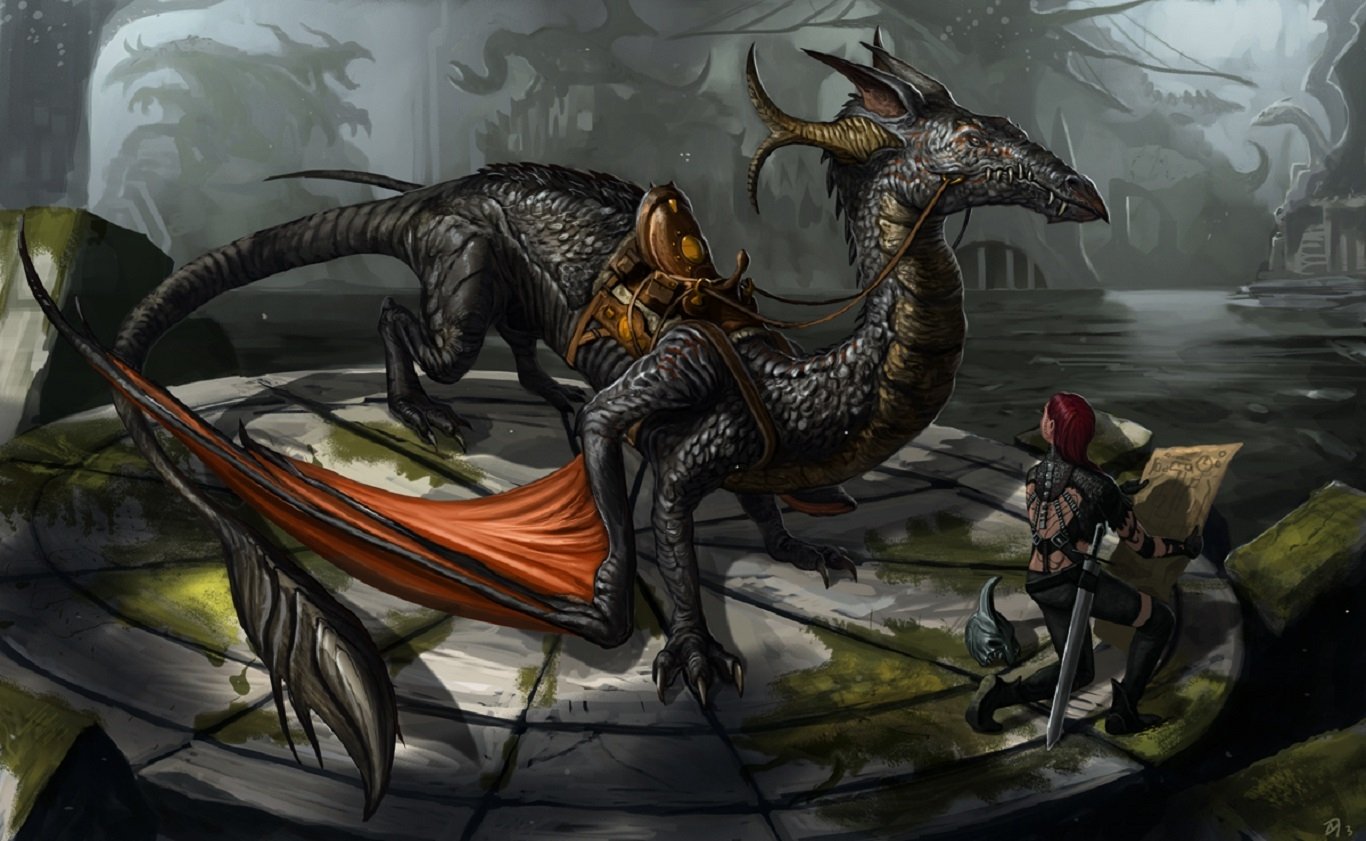 A fantasy scene depicting a detailed dragon with dark scales and orange wings facing a warrior kneeling on ancient stone ruins surrounded by misty, eerie landscape.