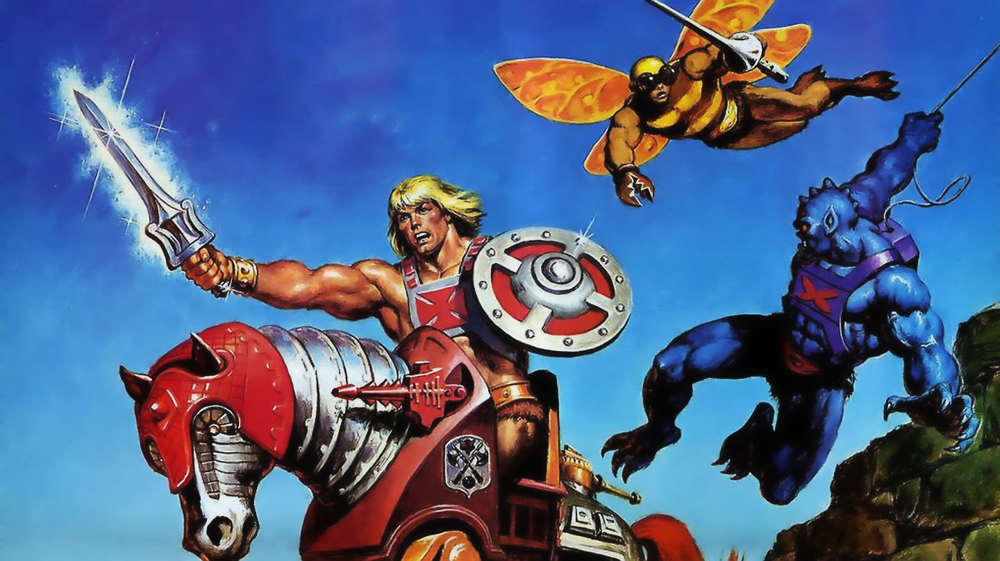 He-Man wields a glowing sword and shield atop a robotic horse, joined by flying and climbing allies, set against a dramatic sky in this He-Man and the Masters of the Universe comic scene.