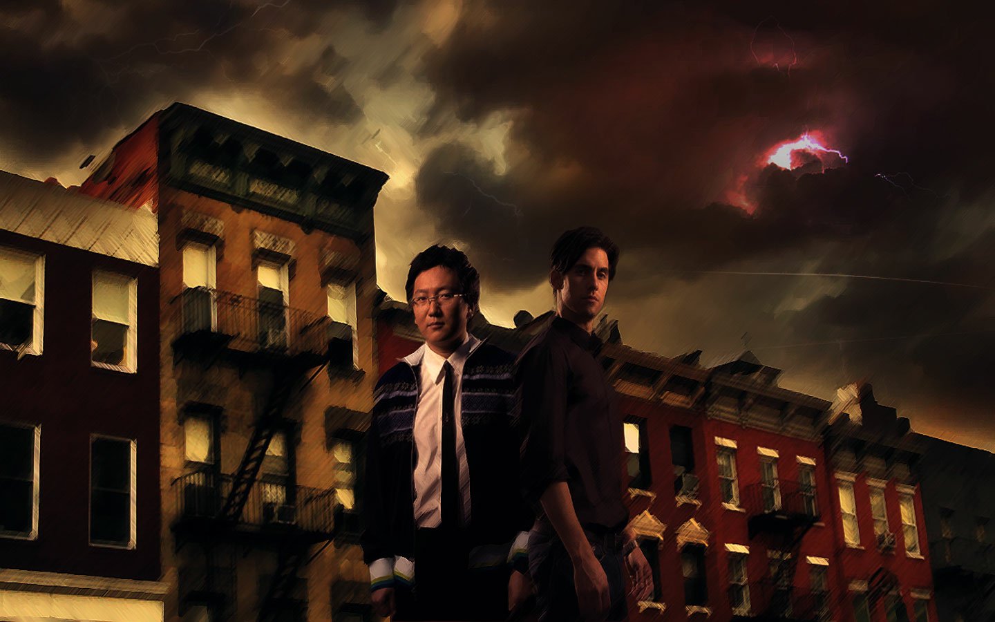 Two characters from the TV show Heroes stand in front of dark, ominous buildings with a stormy sky and lightning in the background.