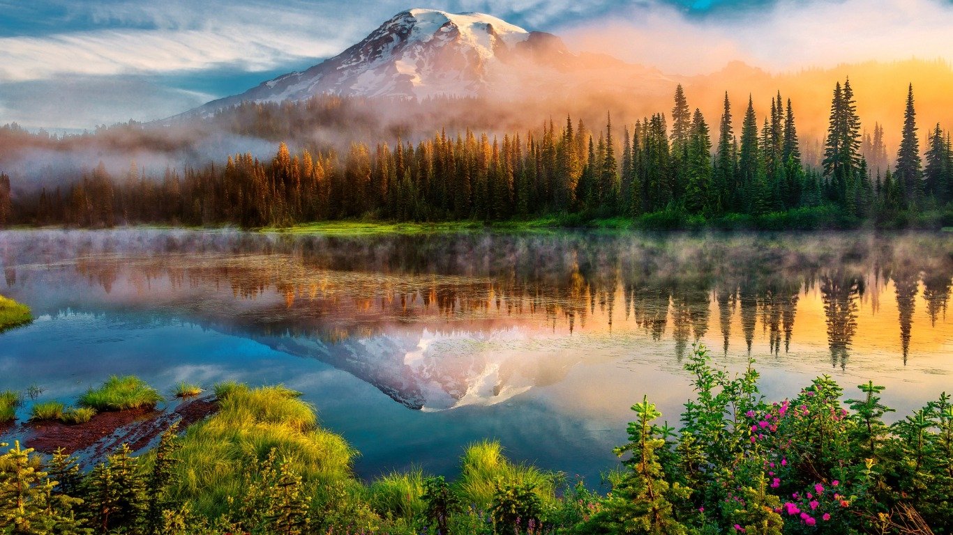 A serene landscape features a majestic mountain reflected in a calm lake, surrounded by lush greenery and vibrant flowers, enveloped in soft morning mist.