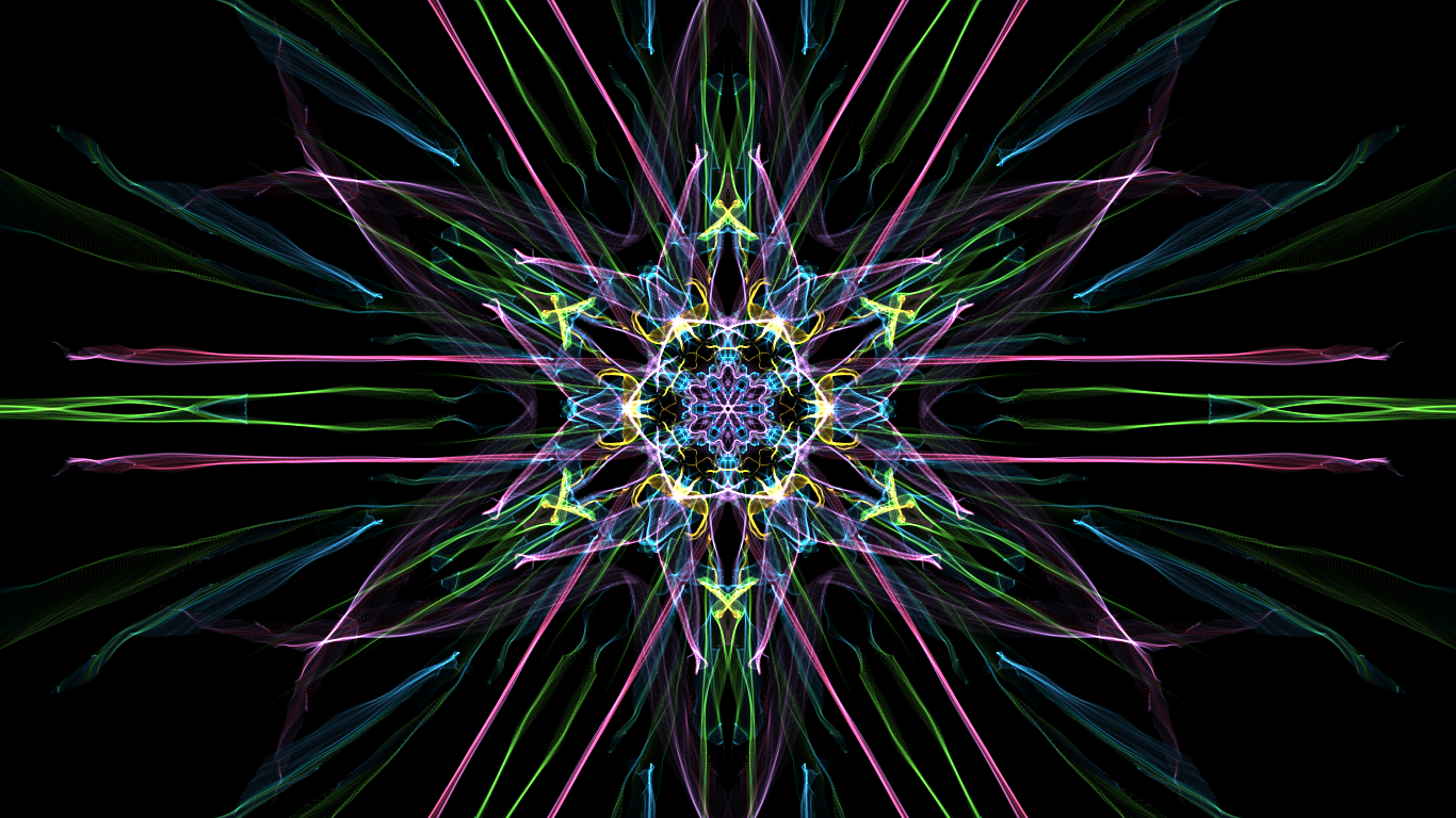 Abstract, generative neon mandala: symmetrical starburst of multicolored wispy light lines (pink, green, blue) radiating from a geometric core on a black background.