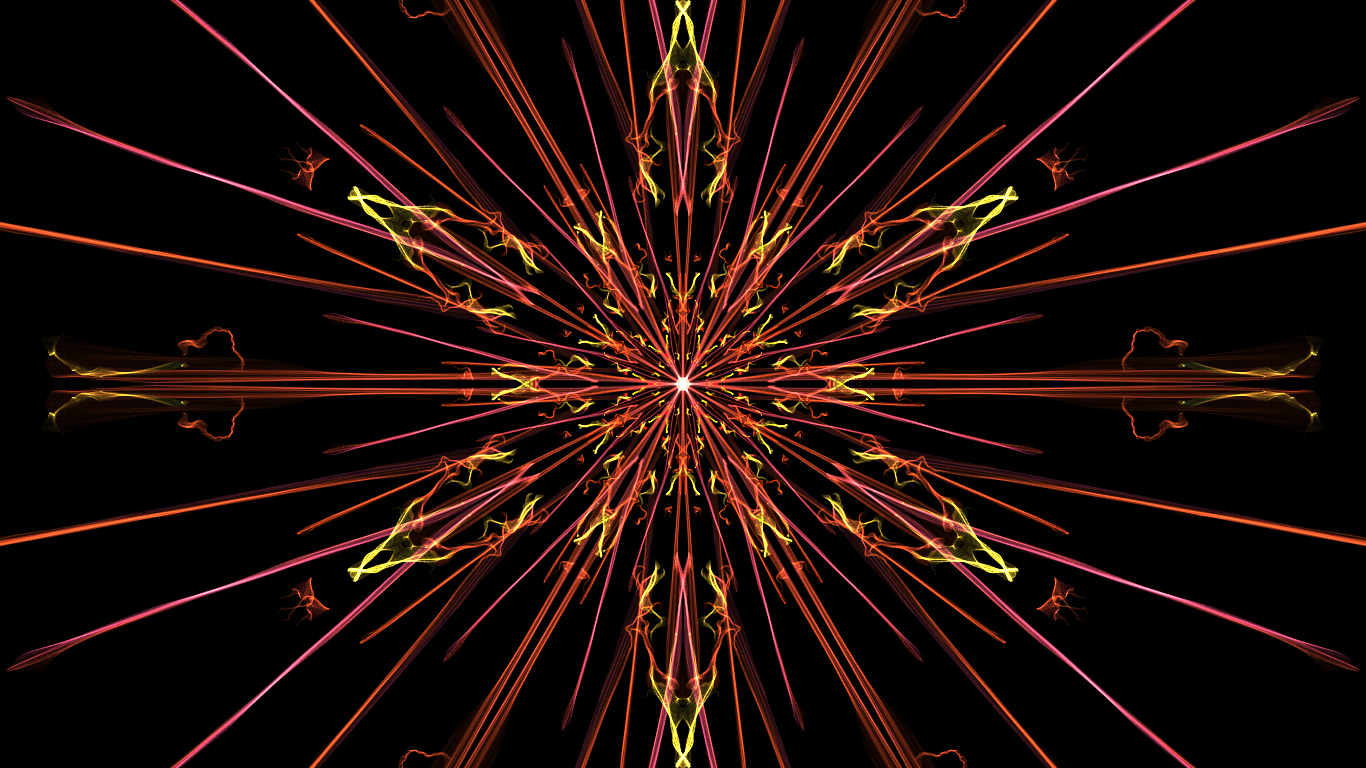 Generative abstract radial burst of pink, orange, and yellow neon lines forming a kaleidoscopic star on a black background.