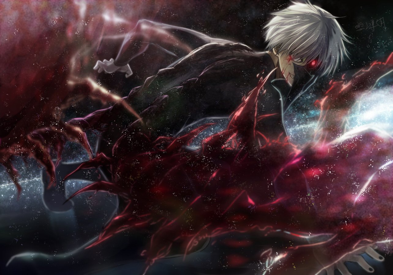 Ken Kaneki from Tokyo Ghoul emerges with his centipede kagune, showcasing red eyes and a menacing smile, surrounded by a dramatic backdrop of blood and darkness.