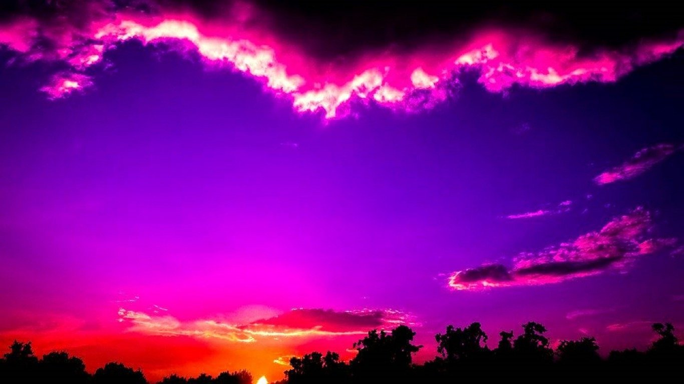 A vibrant sunset paints the sky with deep purples and pinks above a silhouetted tree line in a serene natural landscape.