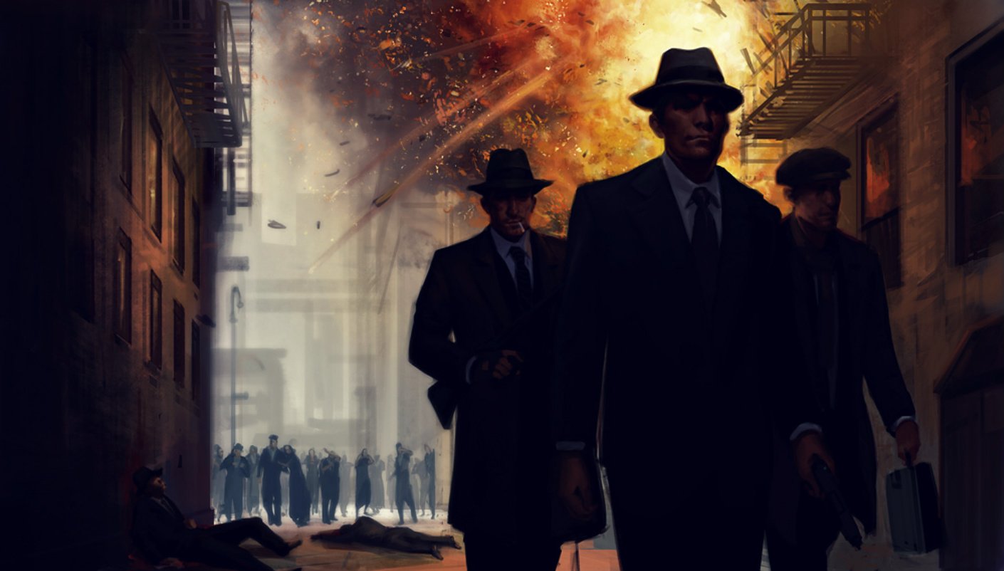 Artwork for the video game Godfather: Five Families — three fedora-clad mobsters stride down a dark city alley as an explosion lights the street and silhouettes of onlookers gather behind.