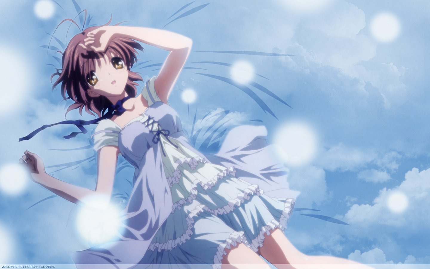 Nagisa Furukawa from the anime Clannad is depicted lying down, wearing a flowing white dress against a bright, dreamy sky background.