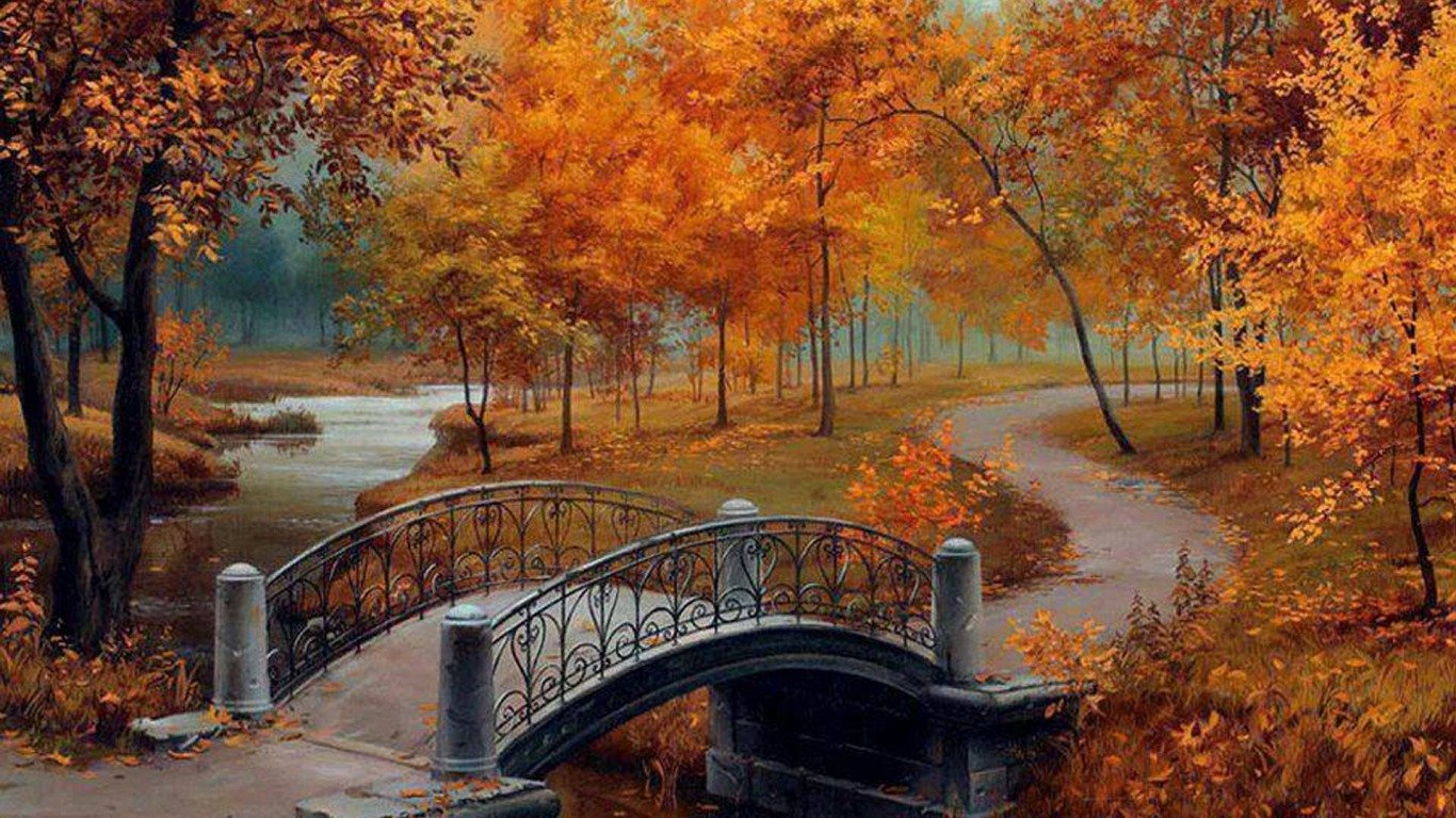 A picturesque scene of a bridge arching over a serene path lined with vibrant autumn trees, showcasing the rich colors of fall in a tranquil landscape.