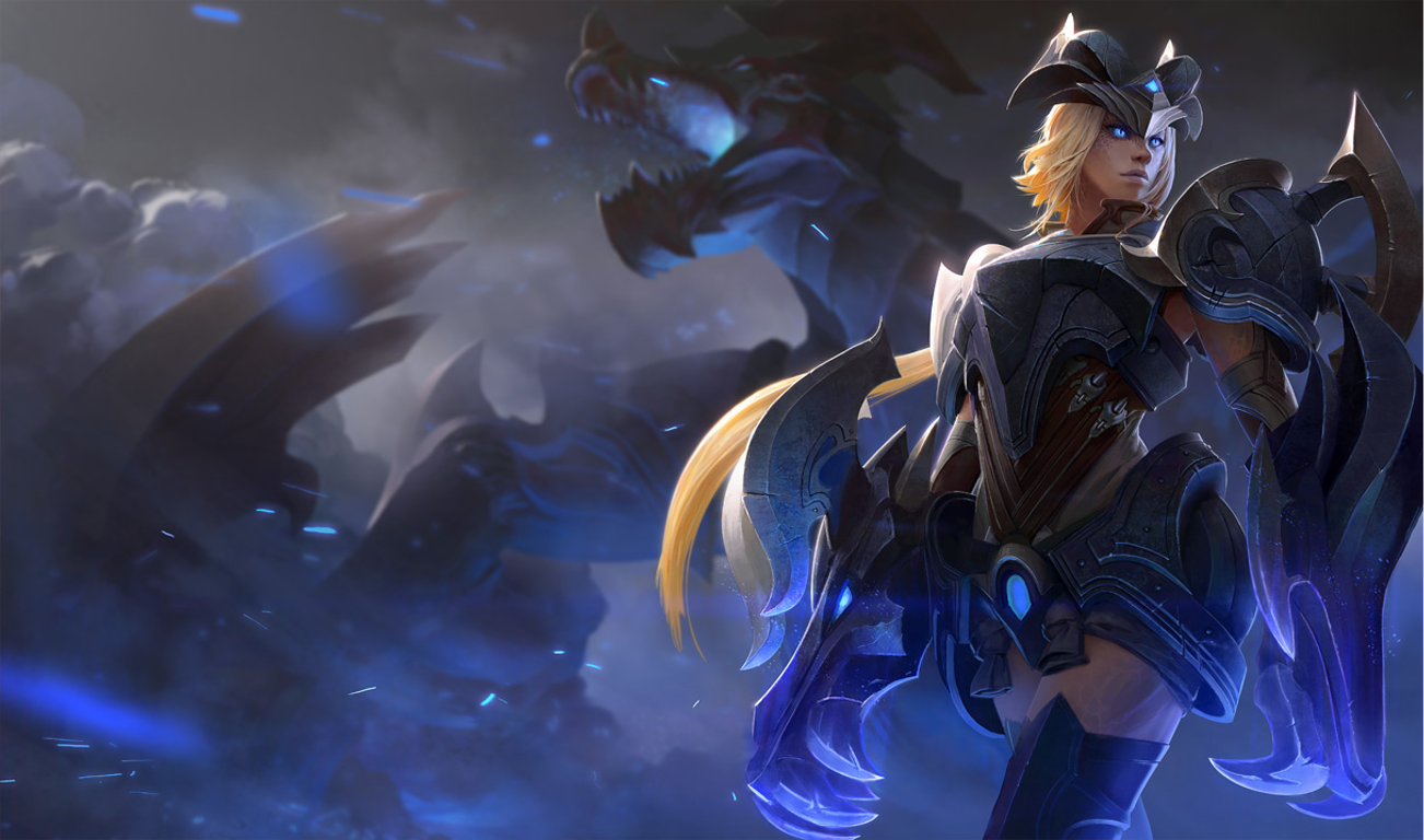Shyvana from League of Legends stands ready in armor with glowing blue claws, while a shadowy dragon looms in the misty background in this video game artwork.