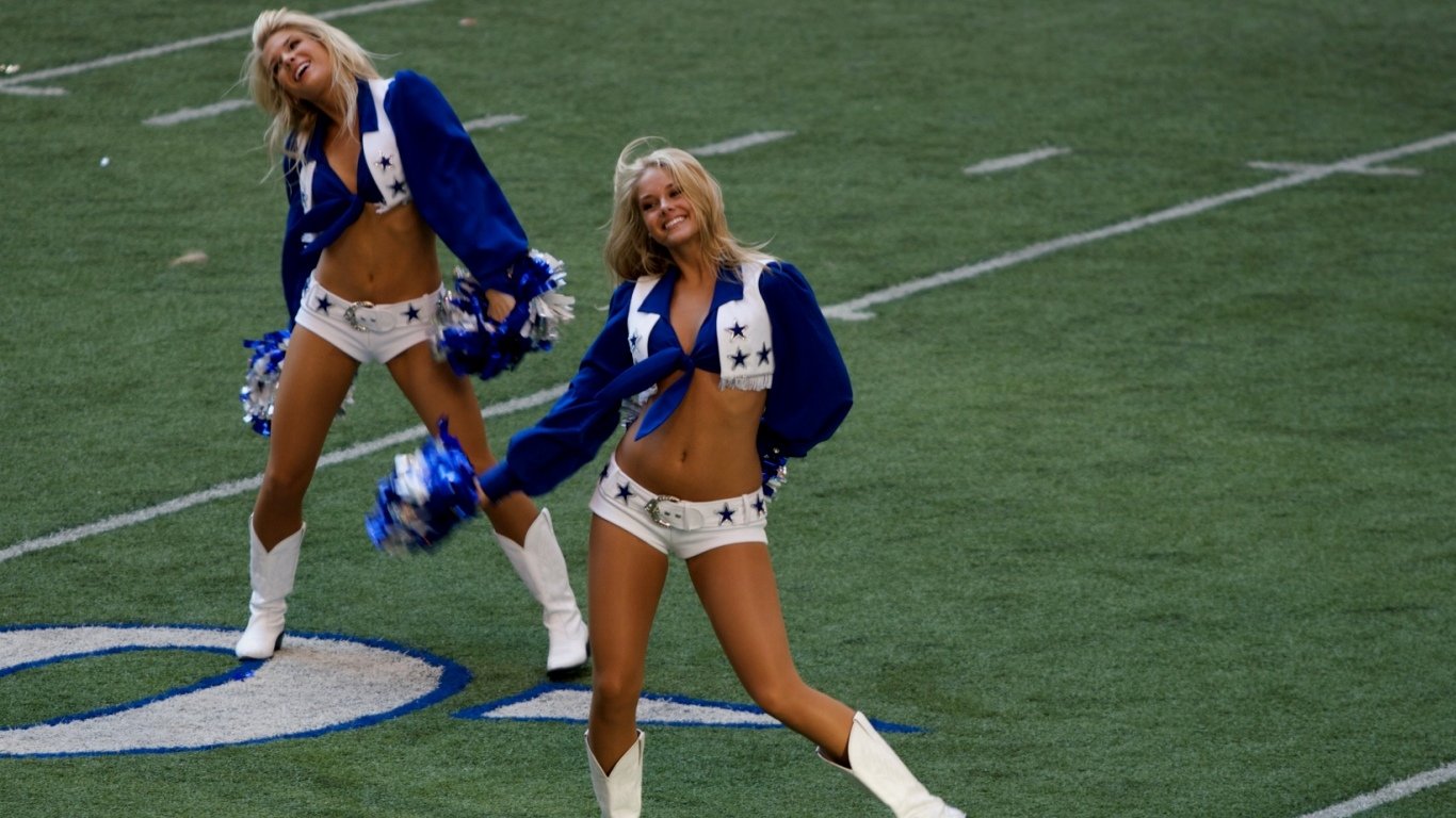 Two women cheerleaders in blue and white outfits perform a dance routine on a football field.