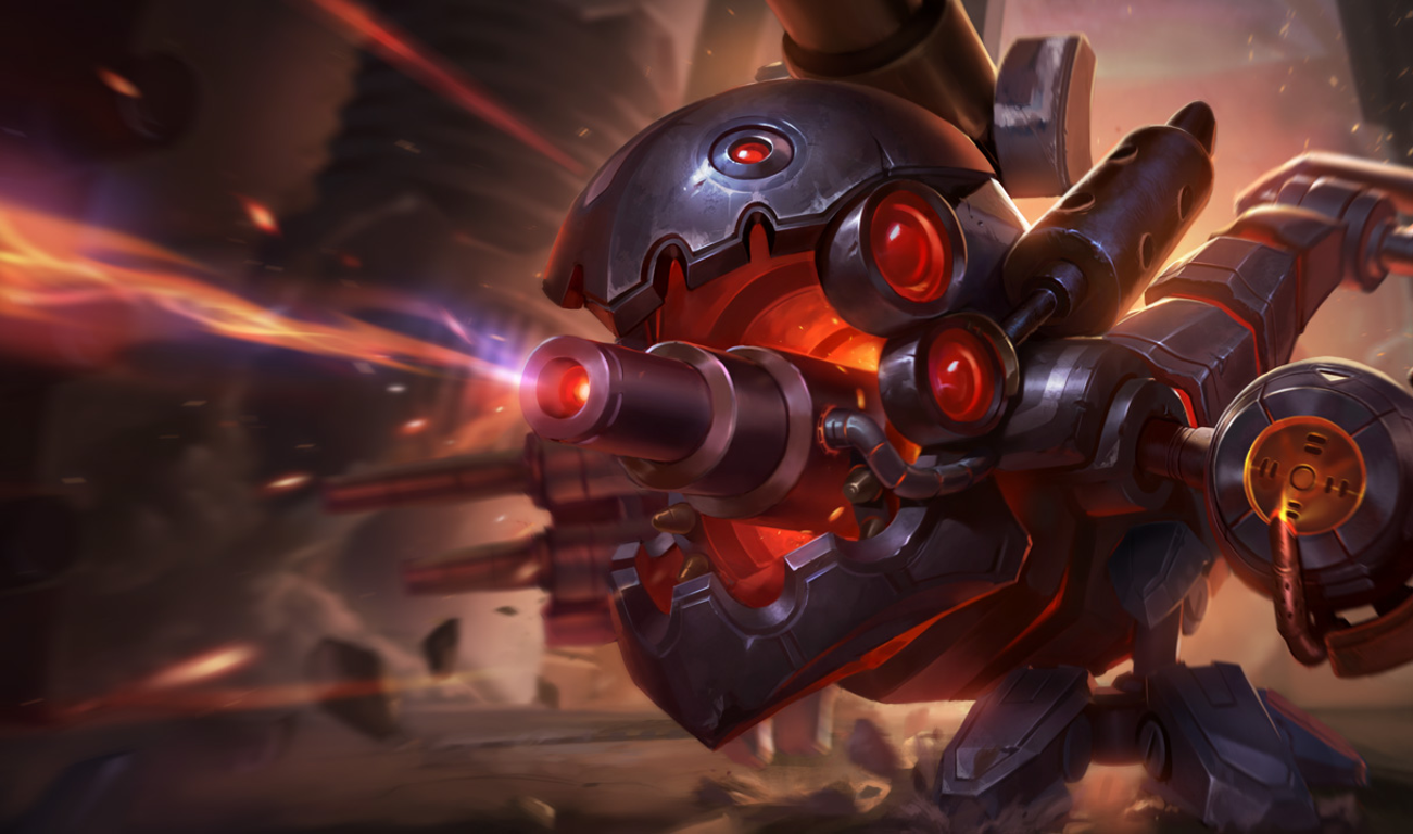A mecha-themed Kog'Maw from League of Legends, featuring glowing eyes and mounted weapons ready for battle in a dynamic video game scene.