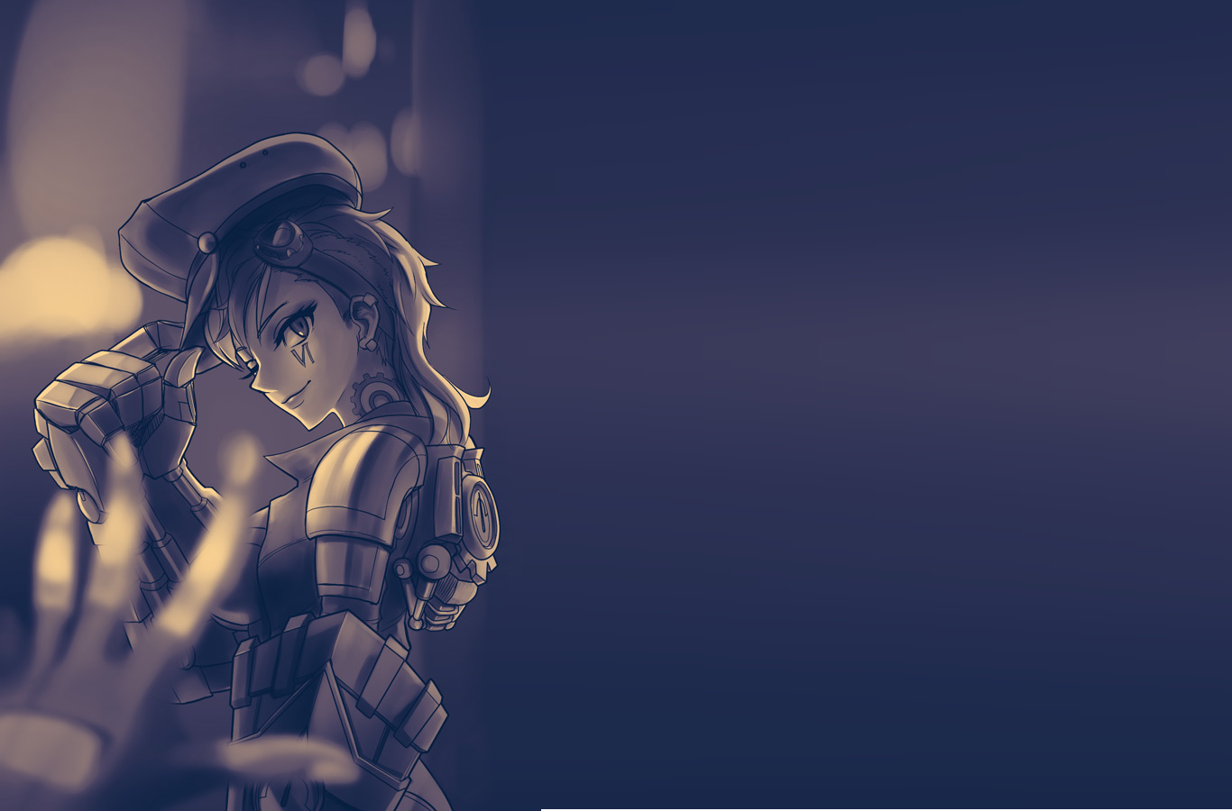 VI from League of Legends stands confidently in her mech-themed armor, with a focused expression and glowing elements, set against a dark, moody background.