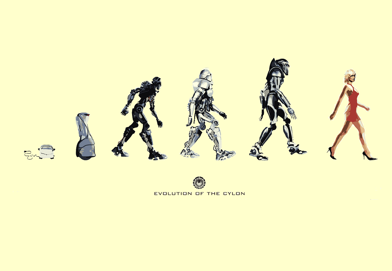Illustration depicting the evolution of the Cylon from the TV show Battlestar Galactica (2003), showing its transformation from a small machine to a humanoid figure.