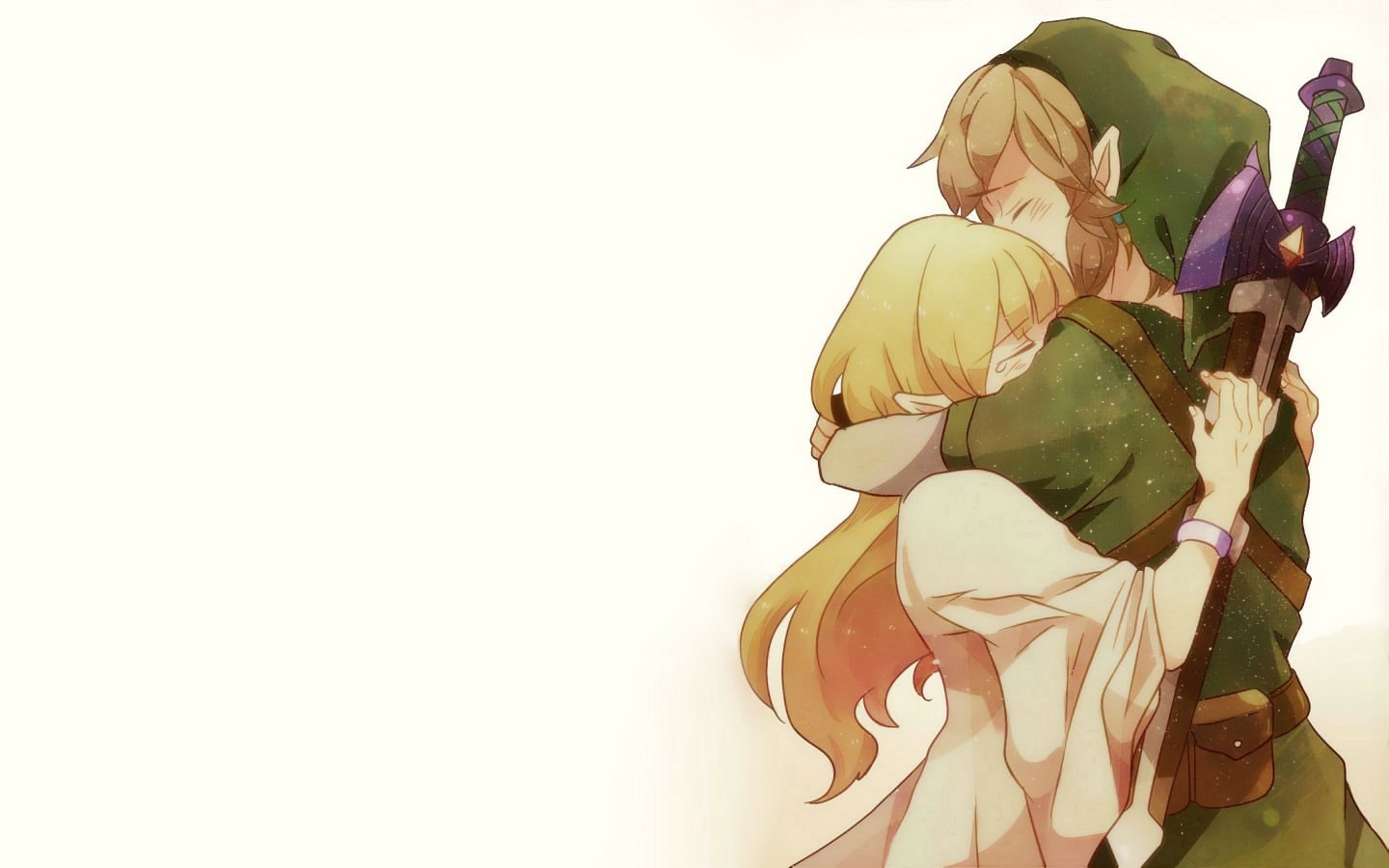 Link and Princess Zelda embrace in a heartfelt moment from The Legend of Zelda: Skyward Sword, showcasing their bond against a soft, minimalistic background.