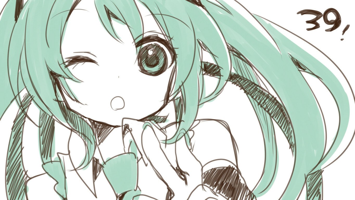 Hatsune Miku, Vocaloid: sketch-style anime portrait winking, teal twin-tails, headset and gloves, hands near her face with a playful expression.