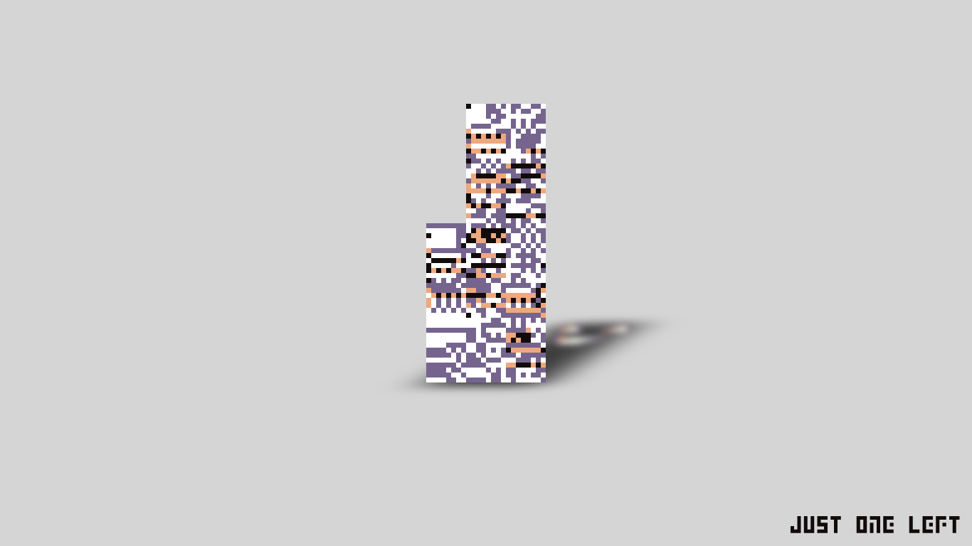 Pixel-art MissingNo (Pokémon) glitch tiles stacked into a block shaped like the number 1 on a gray background, casting a shadow; small JUST ONE LEFT text in the corner.