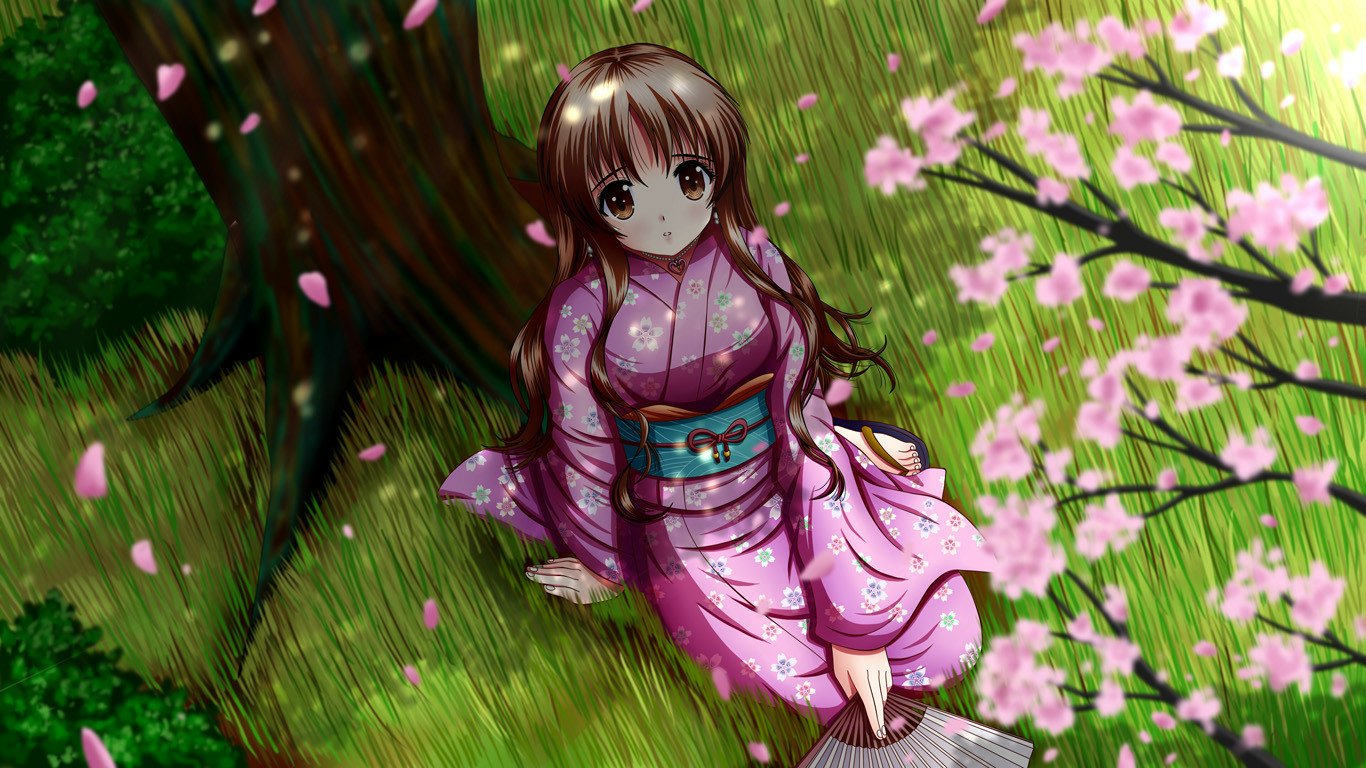 Anime girl in a pink kimono sits beneath a cherry blossom tree, petals drifting over sunlit grass, braided hair falling over her shoulder as she gazes upward.