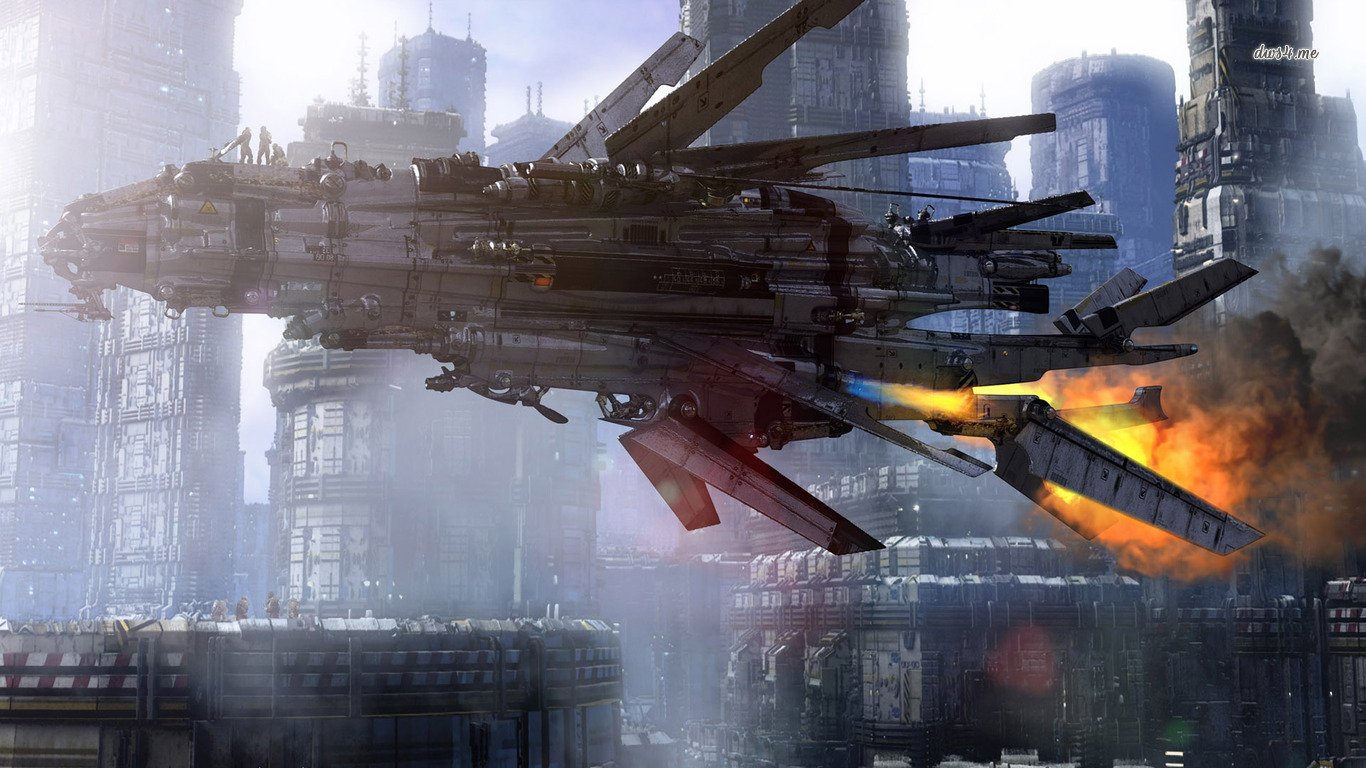 A futuristic spaceship ascends amid towering cyberpunk skyscrapers, emitting fiery exhaust, embodying the essence of sci-fi adventure and technological prowess.