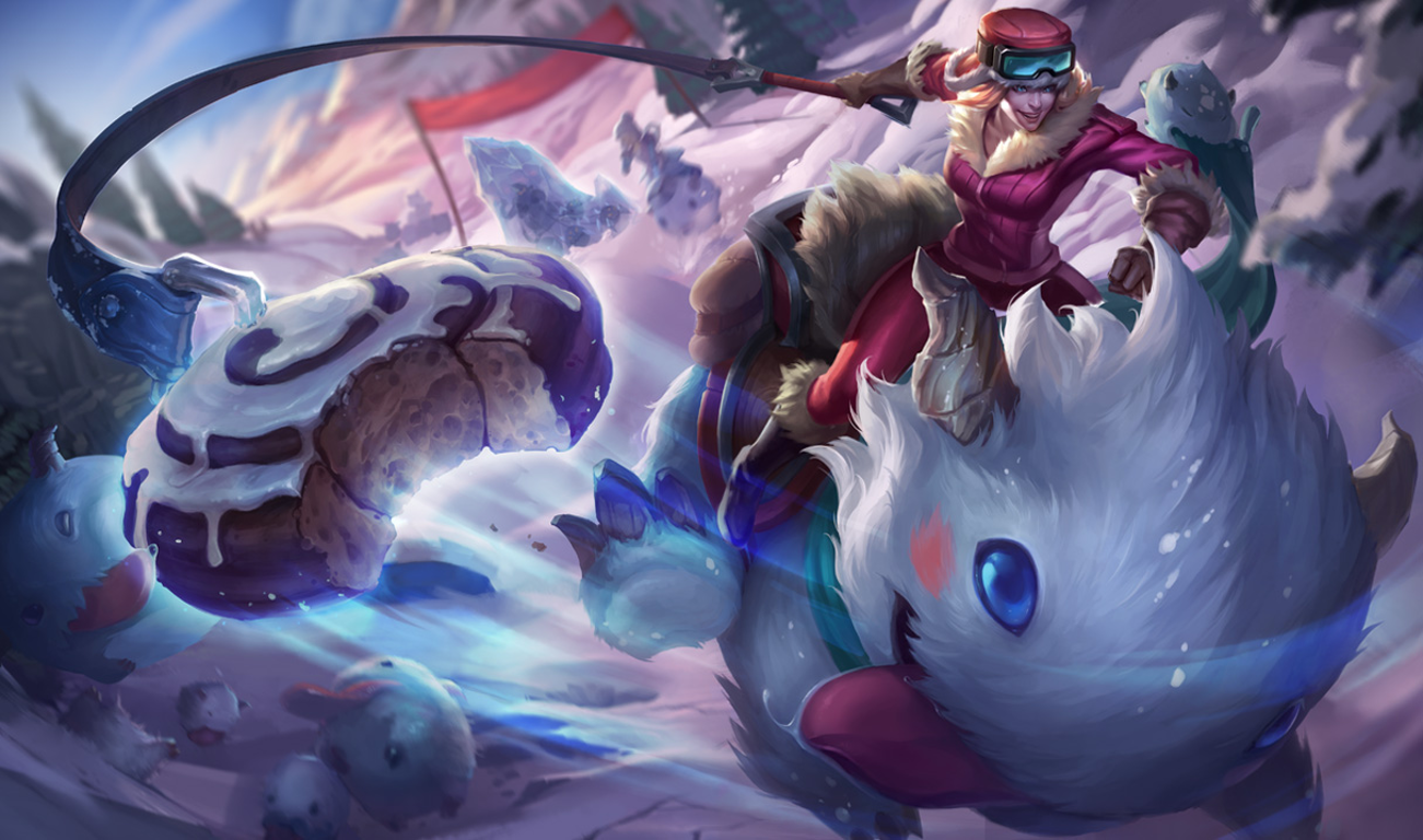 Sejuani from League of Legends rides a large, playful creature in a snowy landscape, wielding a weapon, embodying her fierce, adventurous spirit in this vibrant video game scene.