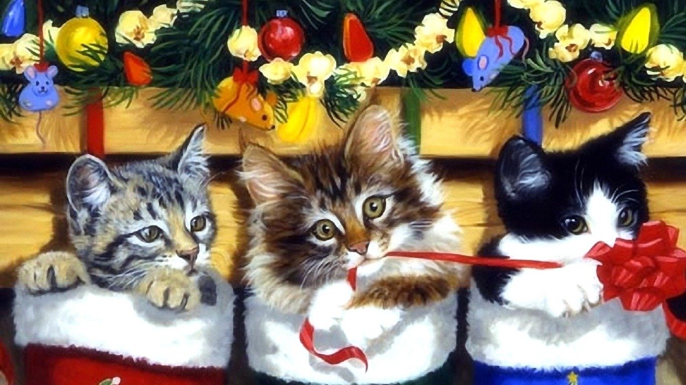 Three playful kittens explore Christmas ornaments and gift ribbons while nestled in festive stockings, surrounded by holiday decorations, capturing the joyful spirit of the season.
