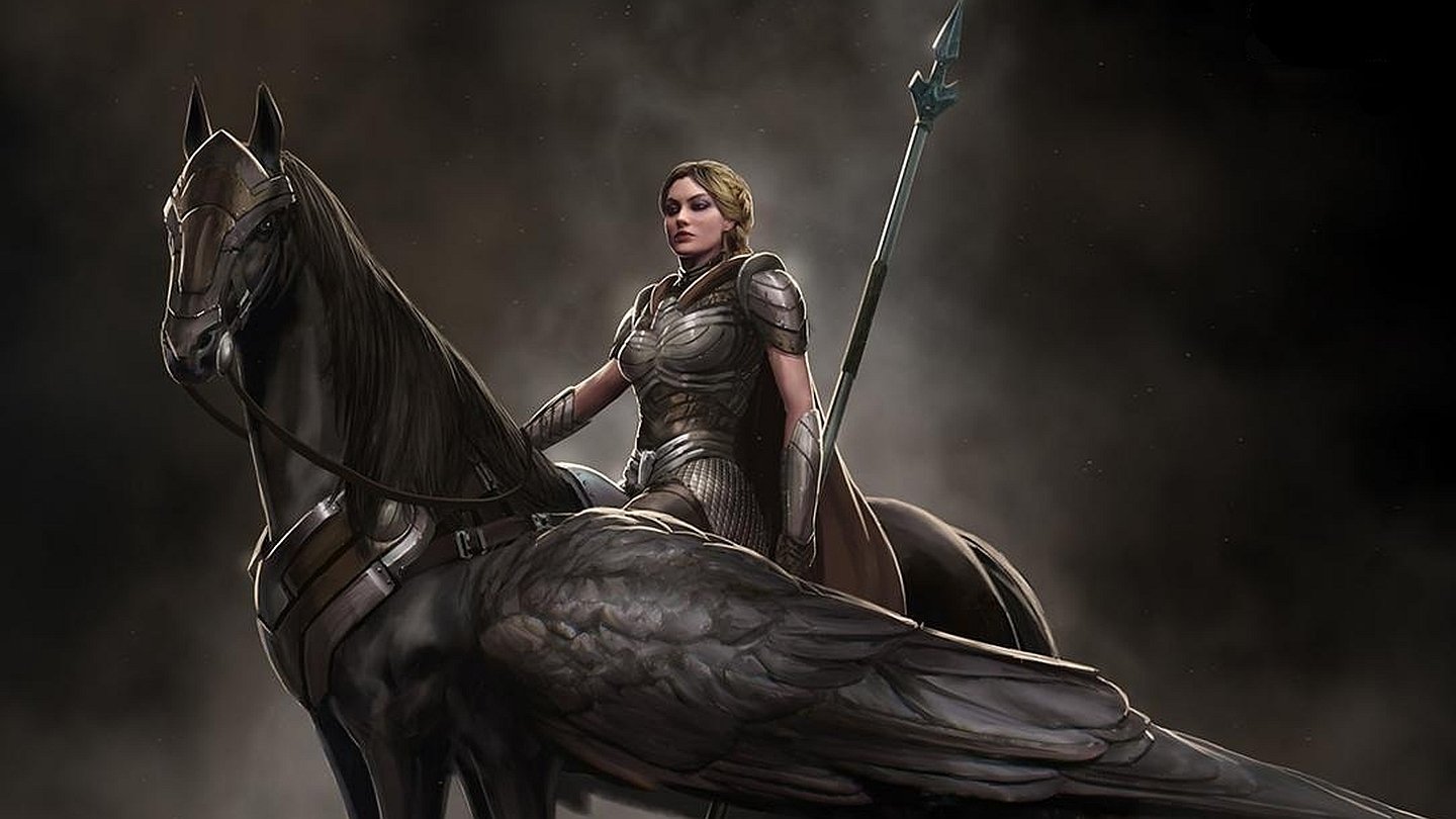 A warrior woman in armor sits confidently on a horse with a large raven nearby, set against a dark, smoky background from the movie Thor: The Dark World.