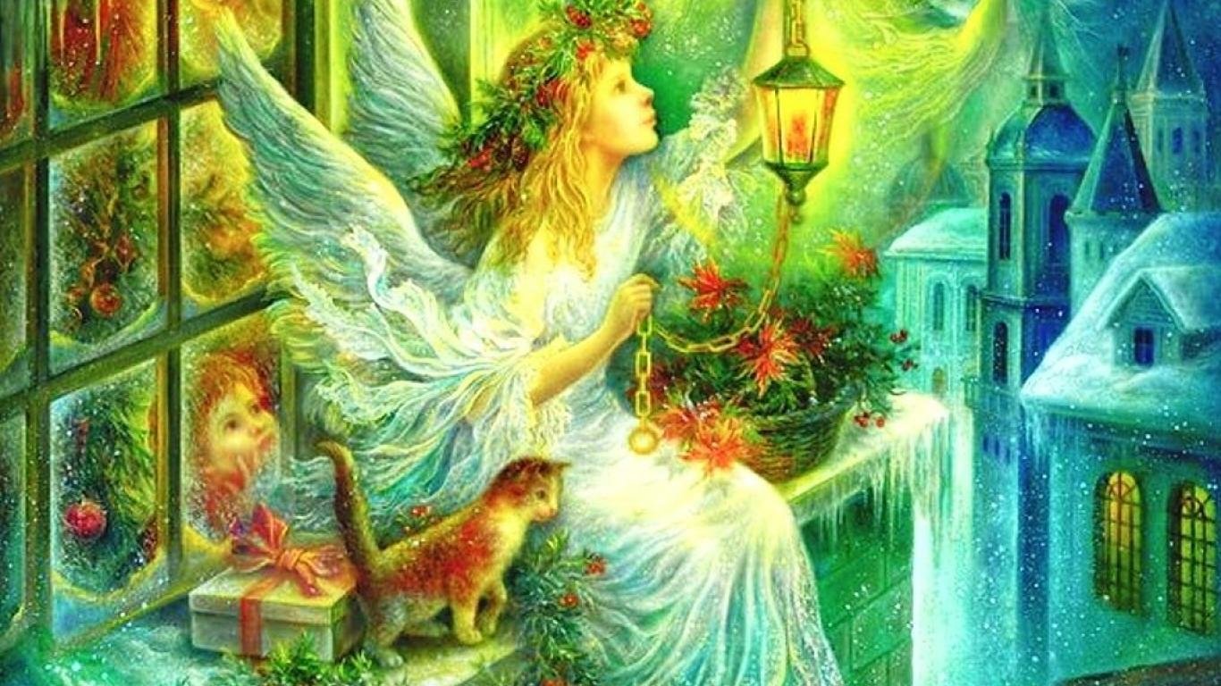 An ethereal angel decorated with holiday foliage sits by a snowy window, illuminated by a lantern, accompanied by a curious cat and Christmas gifts, evoking a magical Christmas scene.