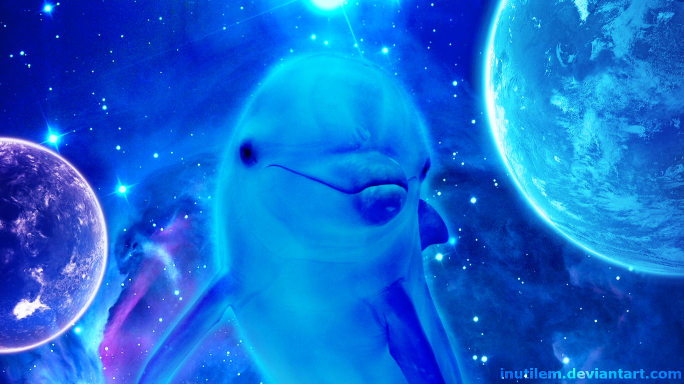 A vibrant, ethereal depiction of a bottlenose dolphin set against a cosmic background of stars and planets, showcasing the beauty of this intelligent marine animal.