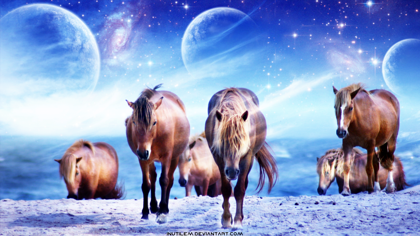 A herd of horses walks along a beach, with a cosmic backdrop featuring planets and a vast ocean, blending elements of space and nature in a surreal landscape.
