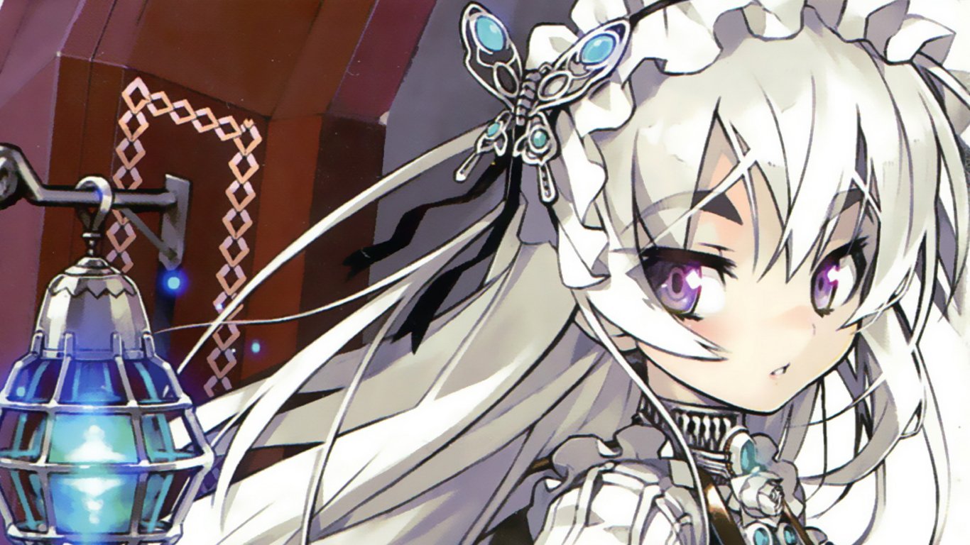 Close-up of Chaika, the silver-haired character from the anime Chaika -The Coffin Princess-, featuring her detailed outfit and purple eyes.