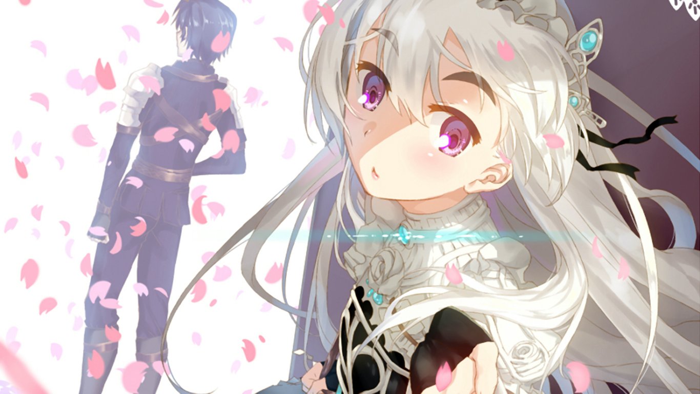 Anime scene from Chaika -The Coffin Princess- featuring a white-haired girl with purple eyes reaching out, surrounded by falling pink petals and a silhouetted figure in the background.