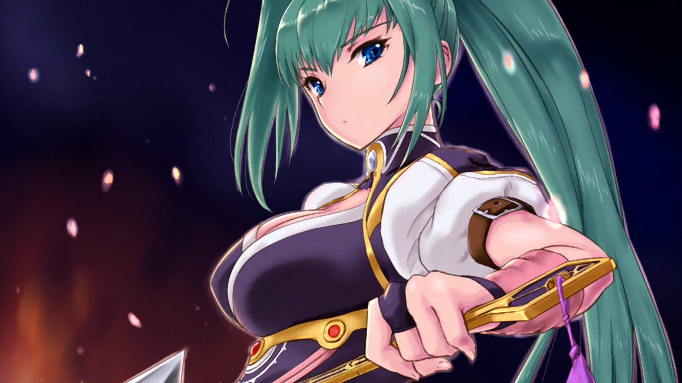 Anime-style image of a determined green-haired female character from Chaika -The Coffin Princess-, wielding a weapon with a fiery background.