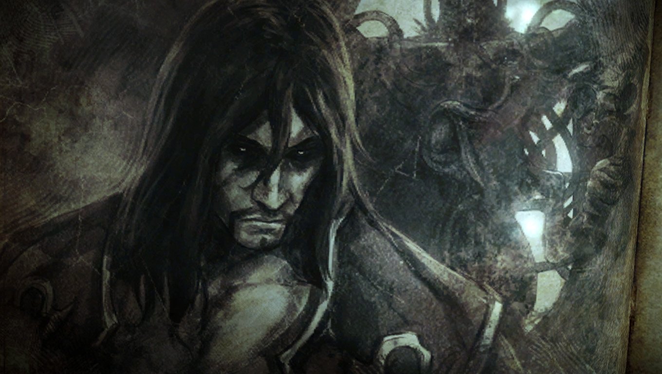 Dark, painterly art from the video game Castlevania: Lords of Shadow 2 — a brooding, long-haired vampire-like protagonist with a looming, monstrous shadow behind him.