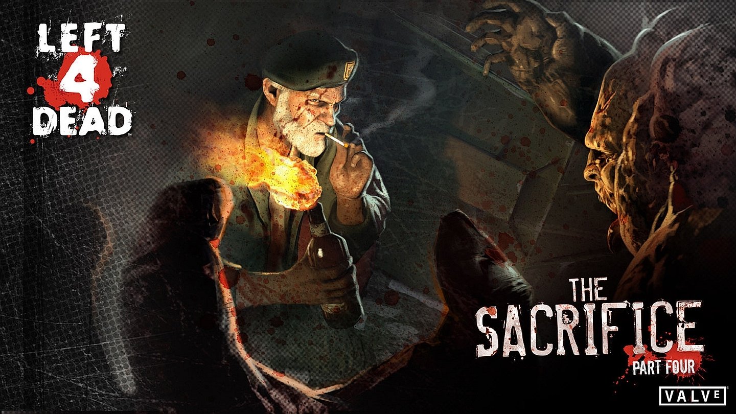 Artwork for the video game Left 4 Dead: The Sacrifice — veteran Bill with a torch faces a snarling infected, with Left 4 Dead and The Sacrifice logos visible.