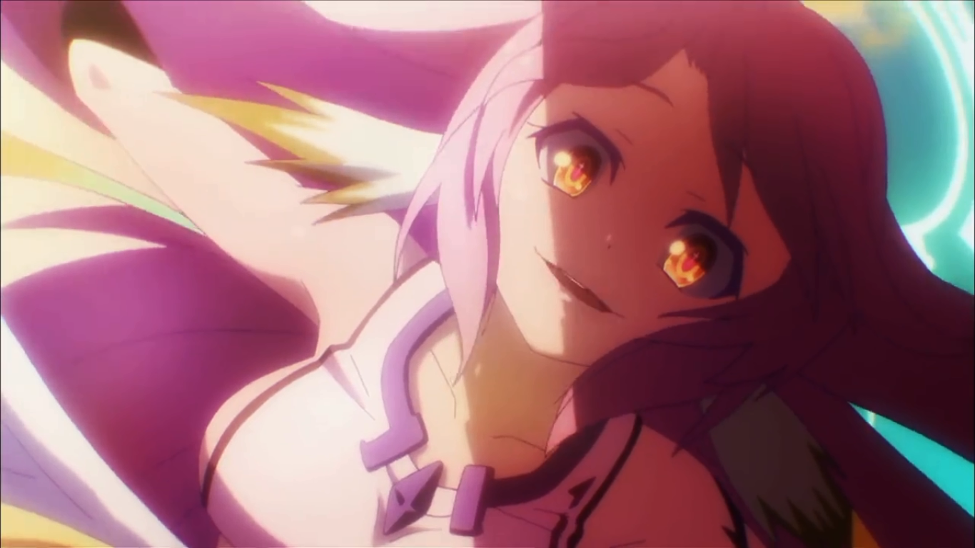 Jibril from No Game No Life is depicted with flowing purple hair and vibrant orange eyes, radiating a captivating, ethereal glow. Her expression conveys a mix of confidence and playfulness.