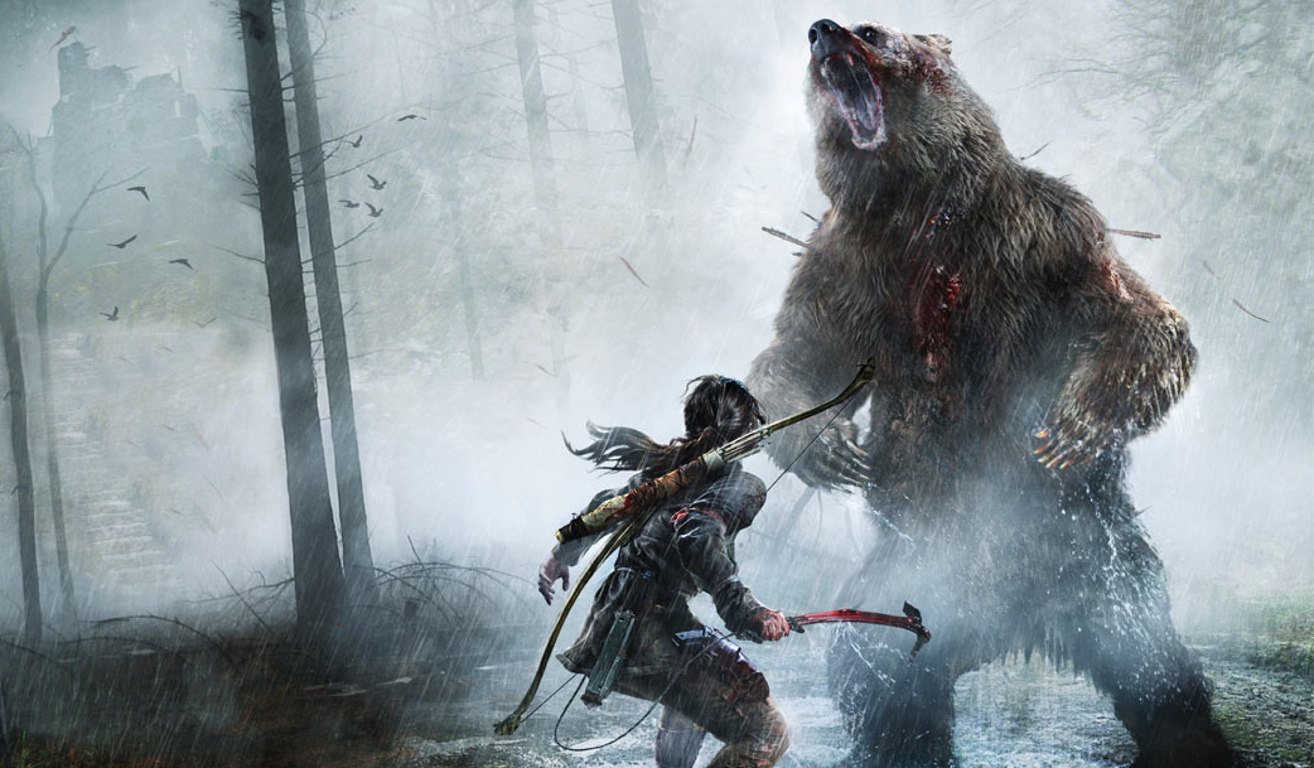 Lara Croft battles a massive bear in a misty forest scene from the video game Rise of the Tomb Raider, showcasing her adventurous spirit and survival skills.
