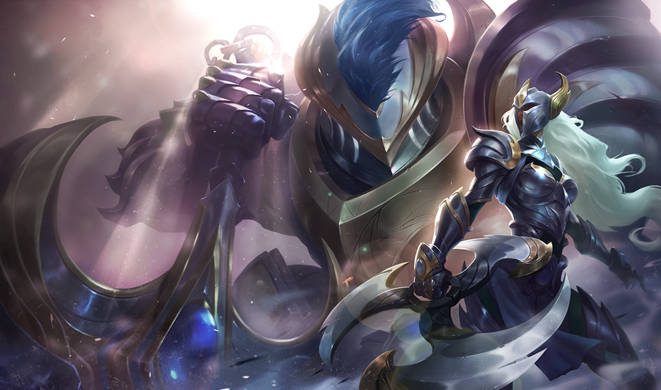 A knight in armor, with long white hair, wields a weapon alongside a massive armored figure, embodying Nautilus and Ashe from League of Legends, under a glowing light.