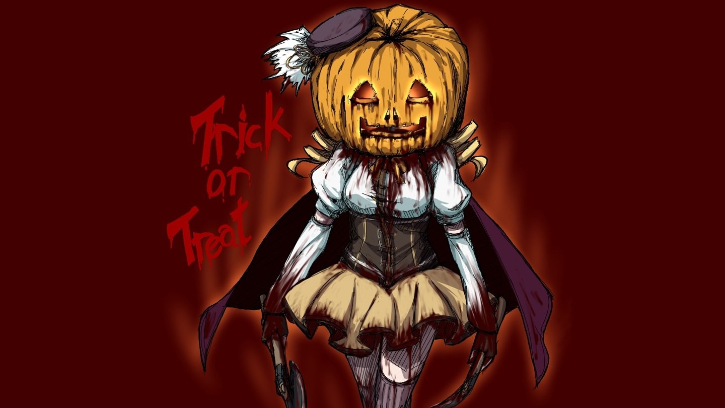 Anime Halloween: Puella Magi Madoka Magica magical girl in a corseted dress and cape, wearing a carved jack-o'-lantern head and wielding twin guns on a red background.