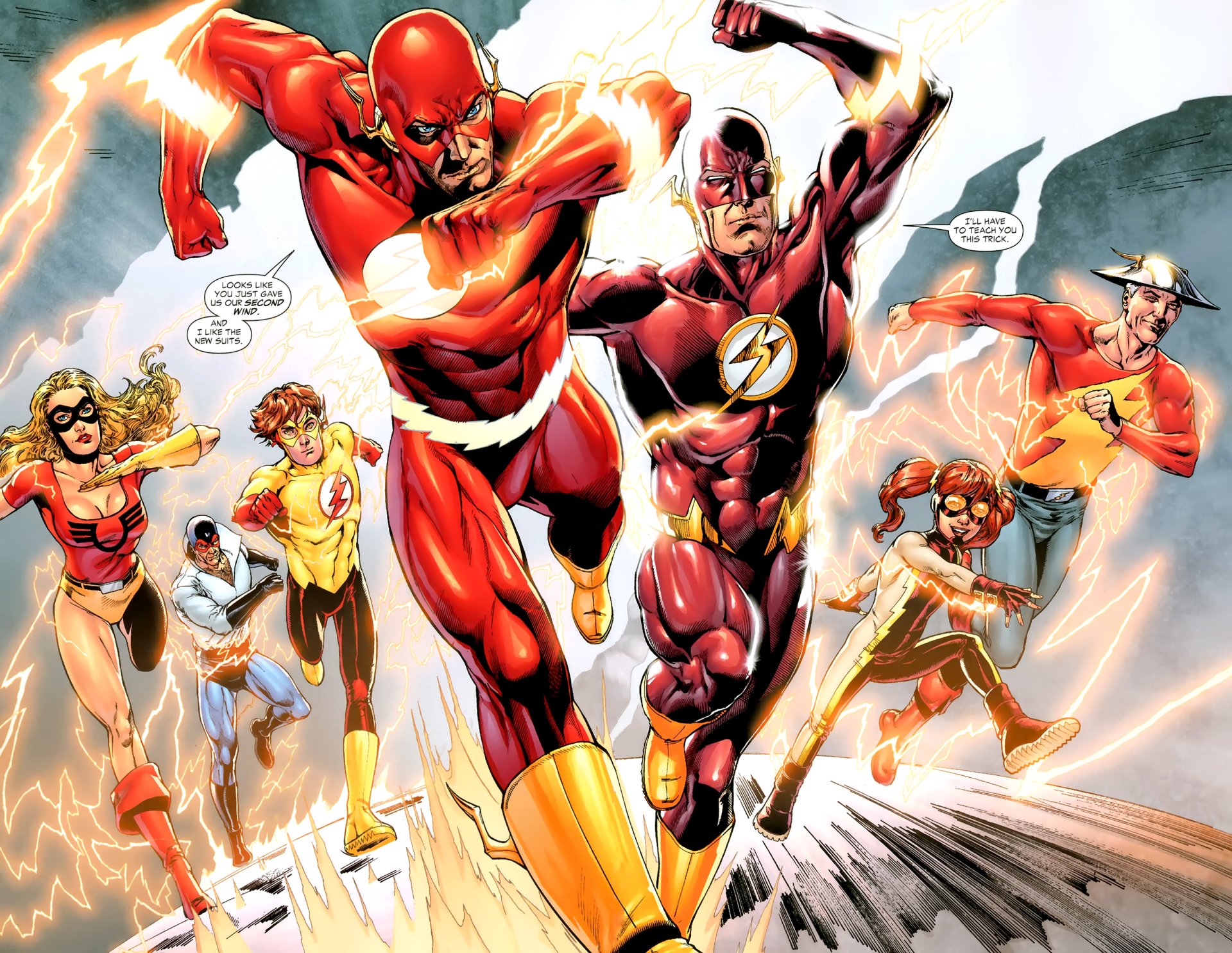 The image features DC Comics speedsters including Barry Allen, Wally West (Kid Flash), Bart Allen (Impulse), and Jay Garrick, all racing forward with lightning effects.