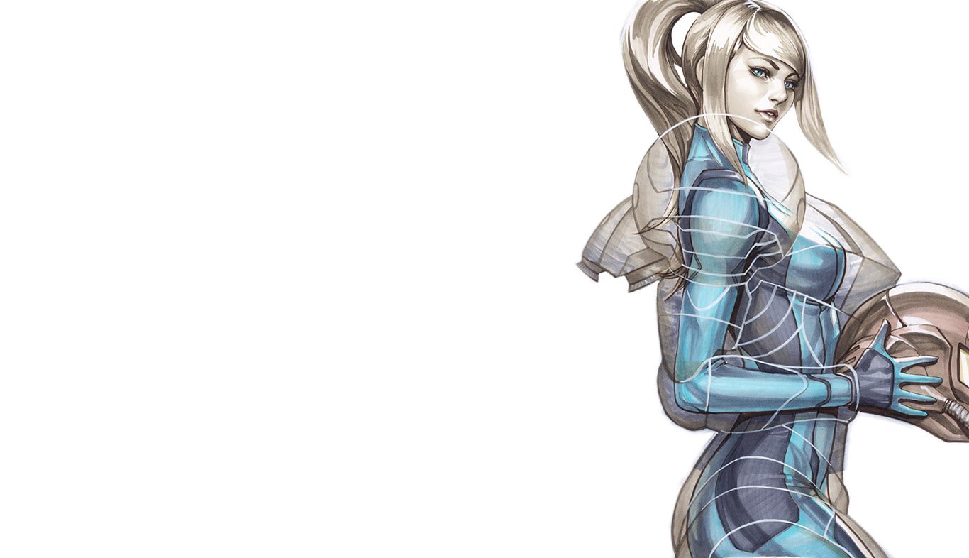 Samus Aran, the iconic bounty hunter from the Metroid video game series, stands confidently, holding her signature helmet in a sleek, futuristic suit.