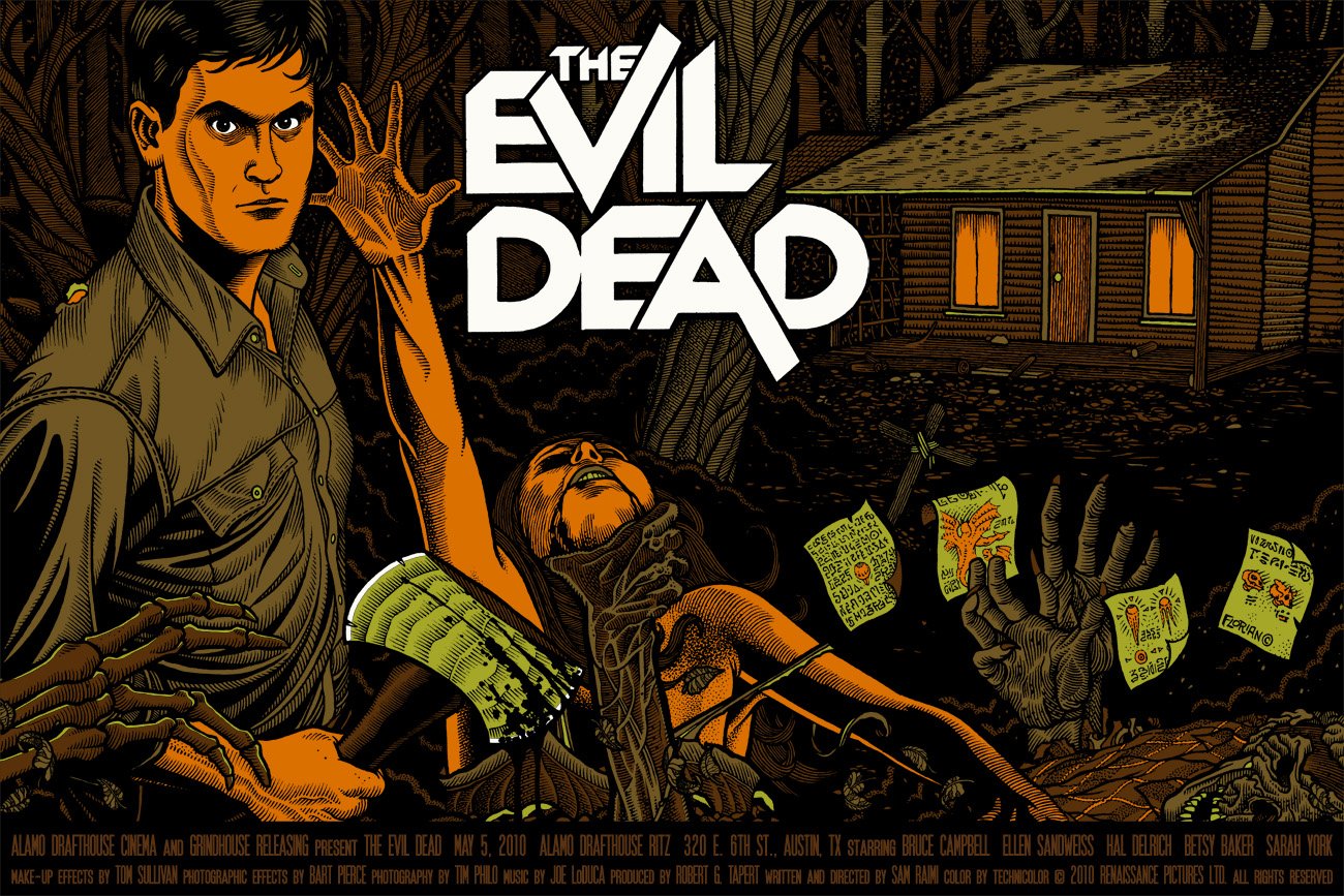 Promotional artwork for the TV show Ash vs. Evil Dead featuring Ash confronts a dark forest scene with a cabin and eerie figures.