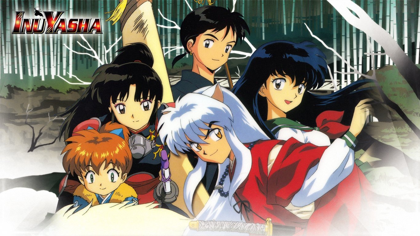 A group of characters from the anime InuYasha poses in a forest setting, featuring InuYasha in the foreground alongside his friends.