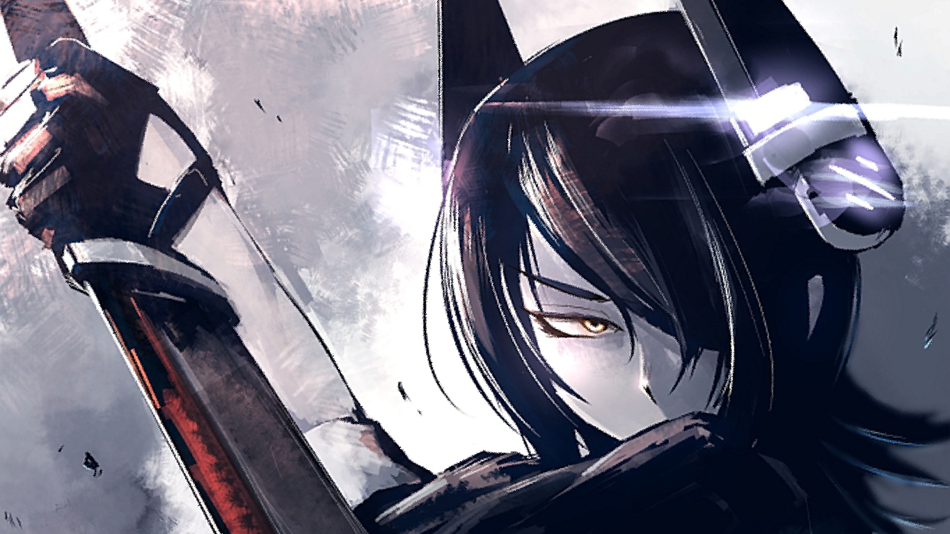 A striking image of Tenryuu from Kantai Collection, wielding a sword with a fierce gaze, embodying the dynamic energy of anime art.
