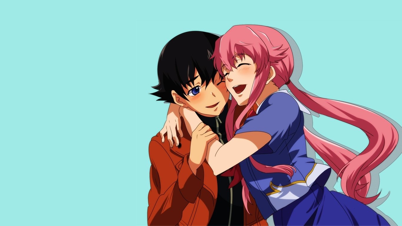 Yuno Gasai and Yukiteru Amano from the anime Mirai Nikki share a joyful moment, with Yuno playfully embracing Yukiteru against a light blue background.