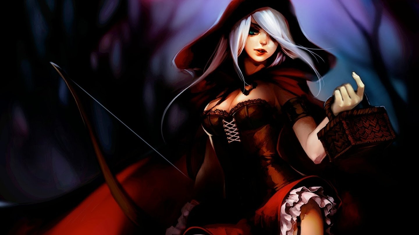 Ashe from League of Legends is depicted in a dark, mystical forest wearing a hooded outfit and holding a bow, highlighting her iconic video game character design.