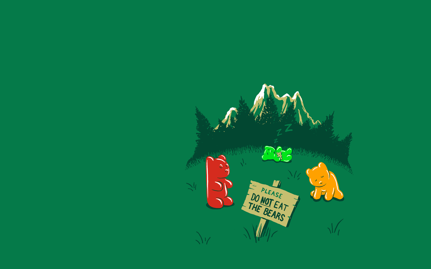 Minimalist green nature scene: mountains, trees and grass with red, yellow and sleeping green gummy bears beside a Please do not eat the bears sign — simple, funny candy imagery.